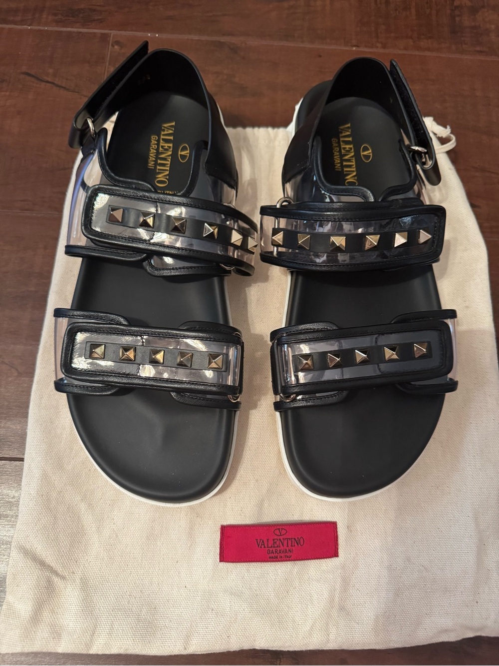 Valentino Garavani Black and Gold Logo Sandals